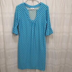 Jude Connally Geometric Dress Blue Women’s Large 3/4 Ruffle Sleeve V-Neck Nylon